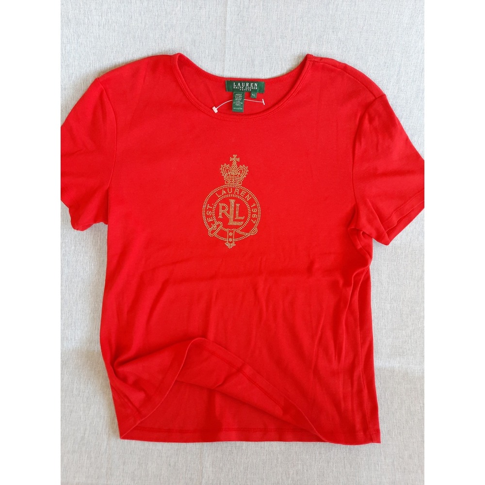 Lauren Ralph RLL Women Petite Large Pure Cotton Blouse Art Logo RLL Round Neck